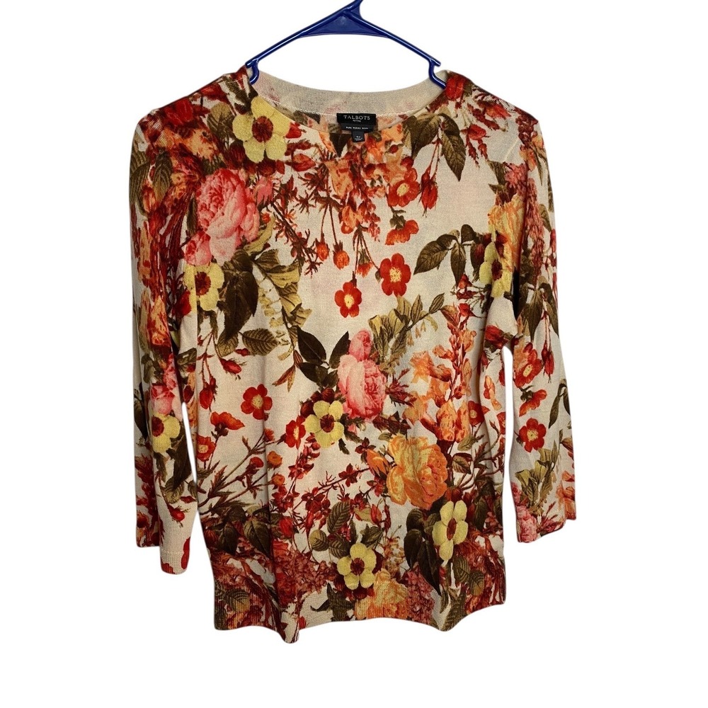 Talbots Merino Wool Floral Print Pullover Sweater 3/4 Sleeve S Petite Multicolor